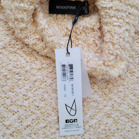 Mink Pink Cream Cowl Neck Hi Lo Hem Chunky Popcorn Knit Sweater Honey Sz XS - Picture 8 of 9